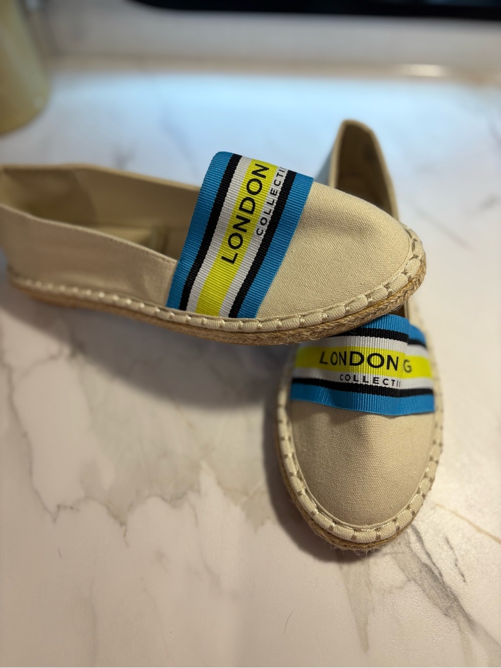 London Fog Cream Espadrille Slip-Ons with Blue and Yellow Stripes